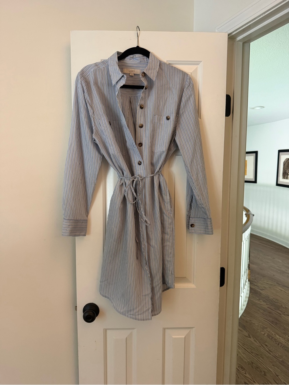 LOFT Light Blue Striped Long Sleeve Shirt Dress with Tie